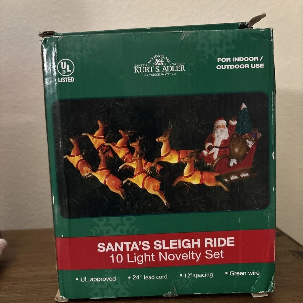 Kurt S. Adler Santa Sleigh and Reindeer Christmas Plastic String Lights with Box